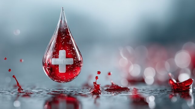 World Blood Donor Day concept with lifesaving red blood drop and medical cross over splashing water
