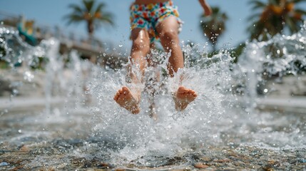 Fototapeta premium Child leaps into fountain, kicking up water.