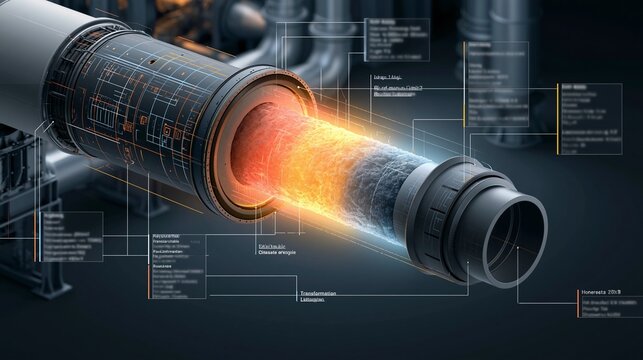 Isometric view of the rotary kiln crosssection emphasizing the glowing heat gradients affecting the raw mix transformation with blurred technical labels and sleek machinery