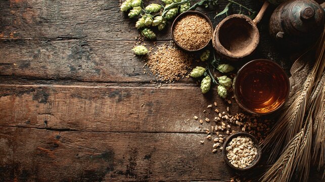 A rustic brewery table flat lay with beer and loosely scattered grains, hops, and wooden textures under warm tones