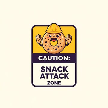 Caution sign with cartoon character warning of snack attack zone.