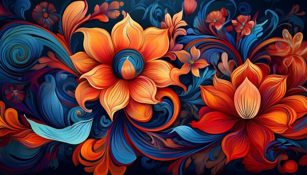 vibrant floral pattern on dark background featuring red orange and blue flowers with intricate details