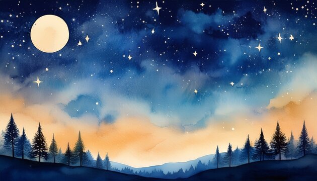 peaceful night sky watercolor celestial artwork design serene beauty of a starlit night deep blue sky with countless twinkling stars dreamy glow over silhouette of distant forest