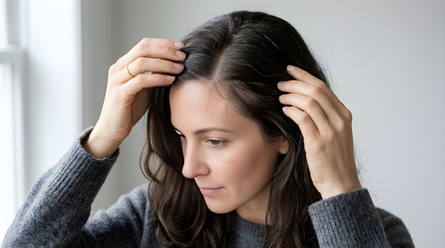 Woman checking her hair roots and scalp for dandruff
