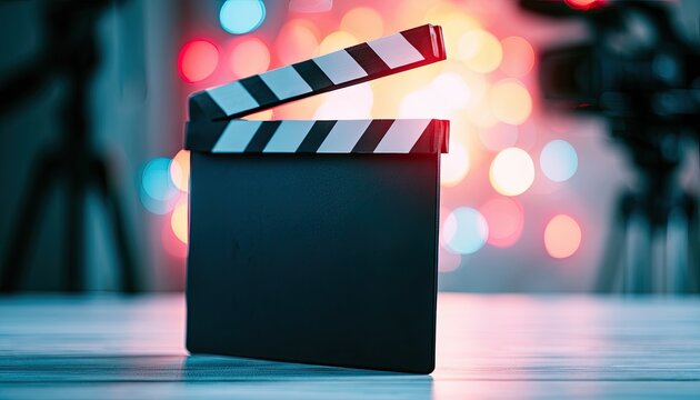 A clapperboard stands open against a bokeh background of colorful festive lights