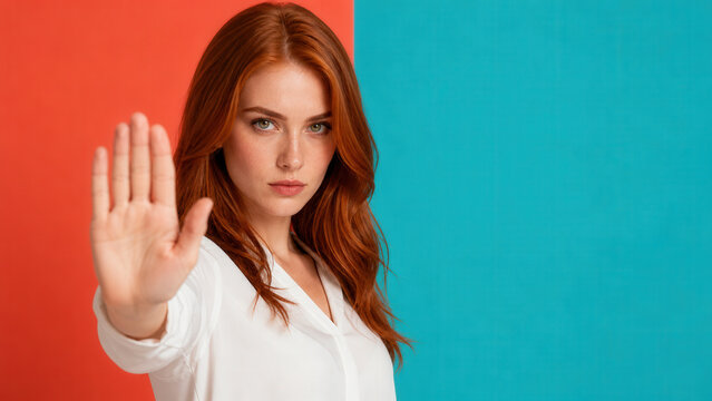 Red-Haired Woman Showing Stop Gesture On Bright Background