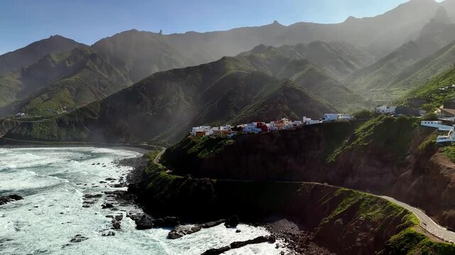 Aerial drone approach to Almaciga village and coastline, Anaga, Tenerife