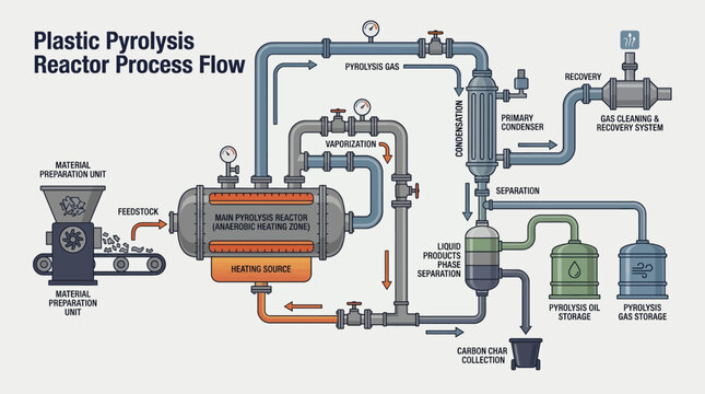 Plastic Pyrolysis Reactor Process Flow Infographic for Waste Recycling