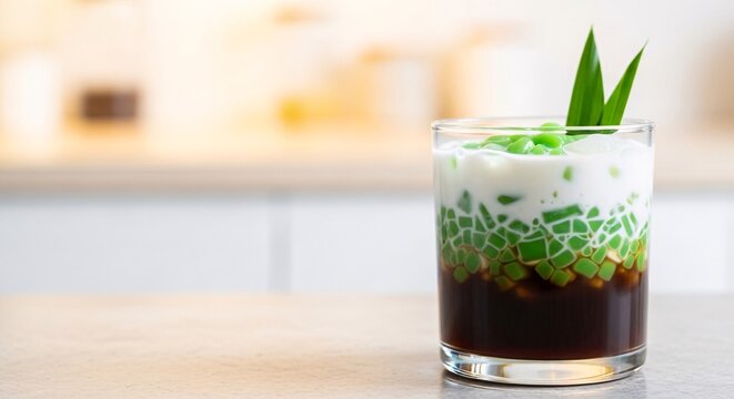A refreshing glass of Jamu Kunyit Asam is placed on a kitchen counter with a blurred background.