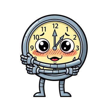 Clock face with smiling cartoon character and alarm.