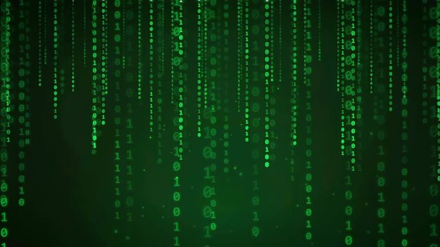 Digital rain of green binary code falling on a dark background for technology concepts