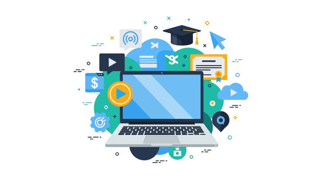 Online Education and E-Learning Concept Flat Vector Illustration with Laptop, Graduation Cap, Diploma, and Digital Study Icons for Remote Learning and Skill Development