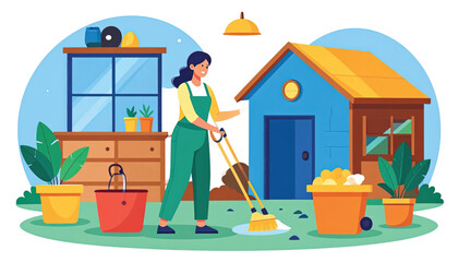 Obraz premium Woman Cleaning with Broom and Dustpan.