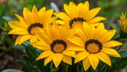 Fototapeta premium A close-up photo of vibrant yellow flowers with dark centers and green leaves