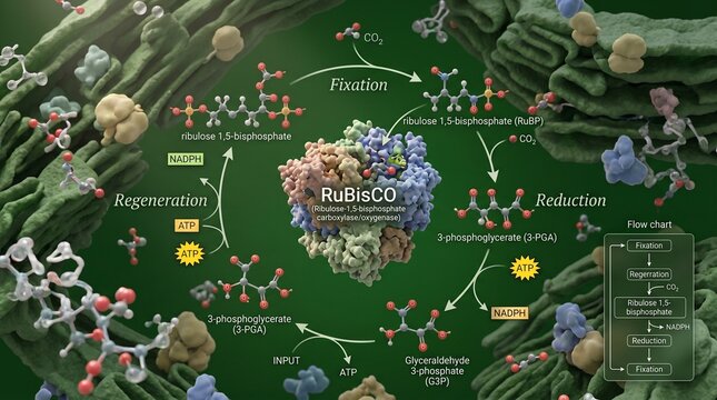 Rubisco enzyme molecule with biochemical pathway diagram on green background