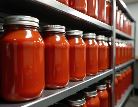 A shelf filled with various jars of food, perfect for use in kitchen or pantry scenes