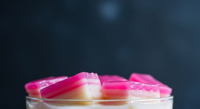 A close-up view of pink desserts on a plate indoors in a lifestyle setting with food and sweets on display