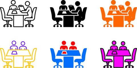 Obraz premium Colorful flat design office meeting icons with people sitting at desks together