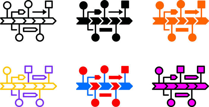 Colorful flowcharts with arrows and shapes in different colors on white background