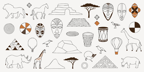 African safari elements with animals masks and tribal art for cultural designs © Sadhin07