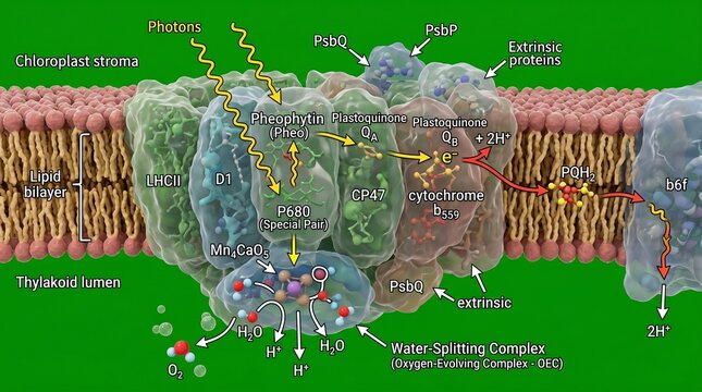 Detailed illustration of the photosynthetic process in a chloroplast showing thylakoid membrane structure