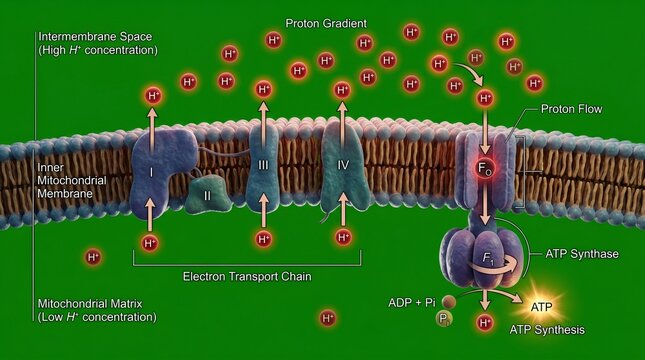 Detailed illustration of the electron transport chain process in mitochondria with labeled components and proton gradient