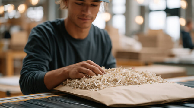 Sustainable packaging engineer sealing kraft-paper mailer filled with shredded recycled fill on automated fold-and-seal line, zero-plastic production facility, eco-logistics team,