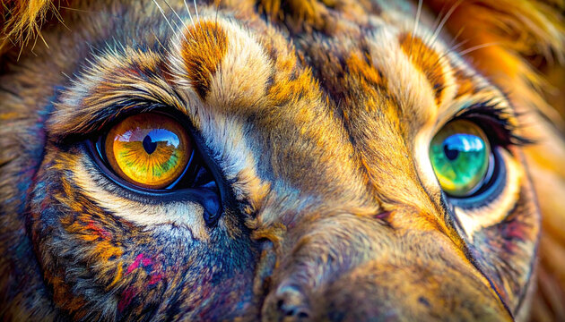 Lion portrait with heterochromia eyes close-up