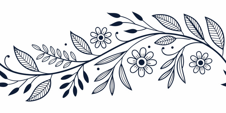 Seamless floral border pattern with leaves and flowers hand drawn black and white art nouveau seamless botanical decoration ornamental illustration decorative background