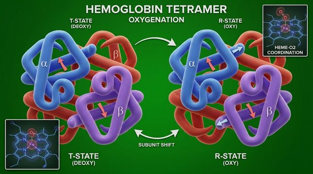 Hemoglobin tetramer structure with oxygenation process and subunit shift