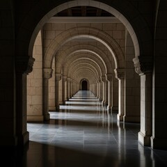 Fototapeta premium A Long Stone Corridor Featuring Repeated Symmetrical Arches Leading Toward A Distant Darkened Door.
