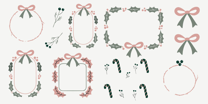 Collection of holiday holly frames and bows with candy cane accents