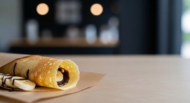 A delicious pastel kue lies on a brown paper napkin on a table indoors.