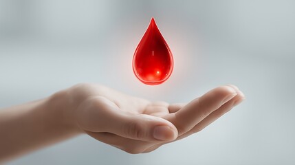 Fototapeta premium World Blood Donor Day red blood drop above open hand symbolizing lifesaving donation and care