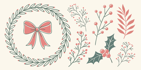 Elegant floral wreath and berry branch set in soft pink and green tones © Sadhin07