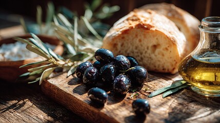 Fototapeta premium A Mediterranean-style table scene with black olives, bread, and olive oil placed on a wooden surface under warm natural sunlight