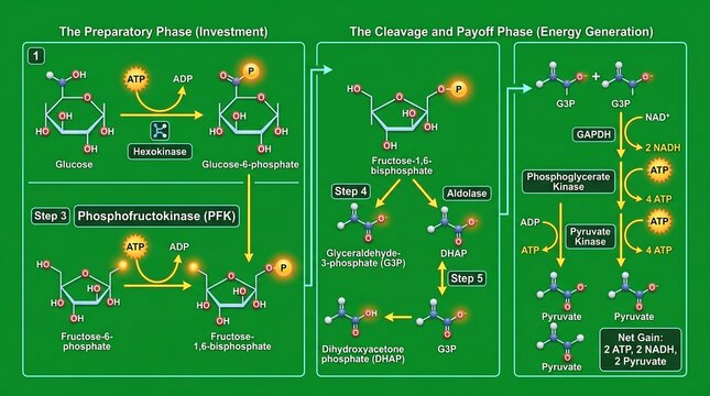 Glycolysis pathway diagram showing preparatory and payoff phases