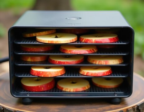 Fresh apples being dried in a food dehydrator