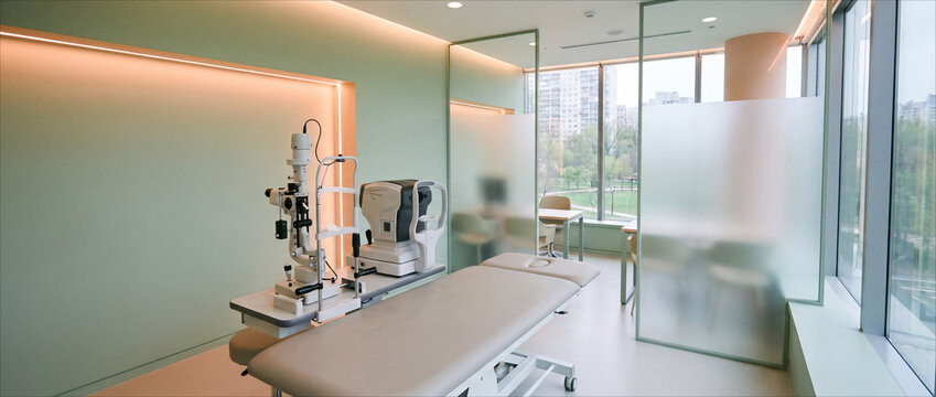 Modern ophthalmology clinic interior with eye examination equipment. Empty medical room featuring slit lamp, autorefractor and patient bed. Copy space for text.