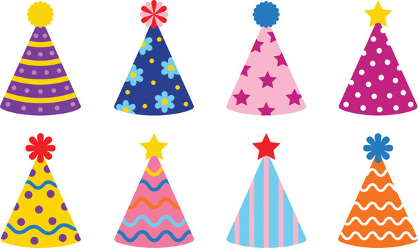 Colorful birthday party hats vector set featuring festive paper cones with patterns stripes dots stars and pom poms isolated on white background
