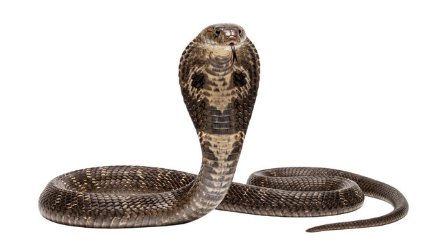 King cobra snake in defensive posture isolated on transparent background cutout image.