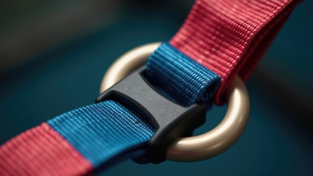 A detailed view of a colorful strap with red and blue stripes