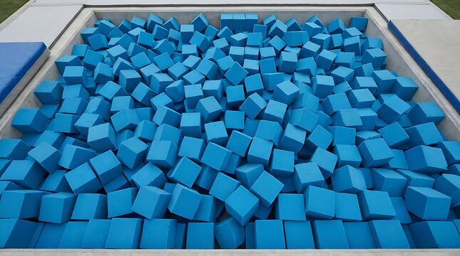 High angle view of a blue foam block pit used for gymnastics landing and stunt training representing safe practice and physical recreation facilities