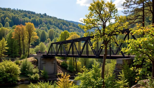A serene outdoor setting, featuring a sturdy wooden bridge that spans over a river