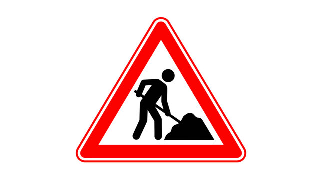Red triangular warning sign depicting a black silhouette of a person digging with a shovel, signaling road construction or maintenance ahead, ideal for safety and traffic information content