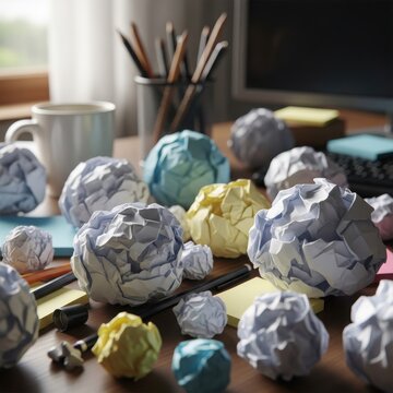 Many colorful crumpled paper balls scattered across a messy wooden desk with office supplies nearby.