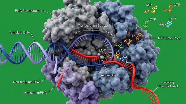Detailed illustration of rna polymerase ii in action during transcription process with dna and nucleotides
