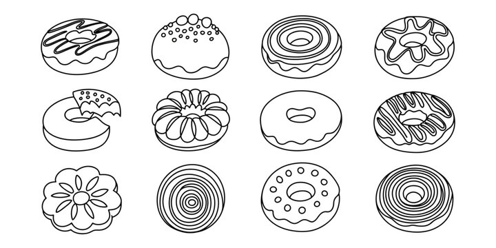 Set of twelve hand drawn donut icons with various toppings and glaze