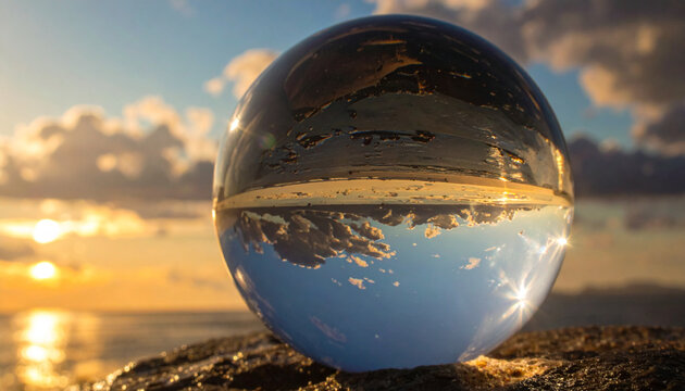 Glass ball reflecting sunset landscape view