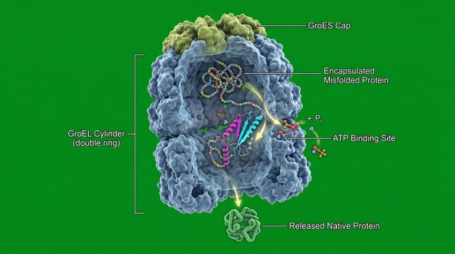 Detailed illustration of groel protein complex with labeled components and functions